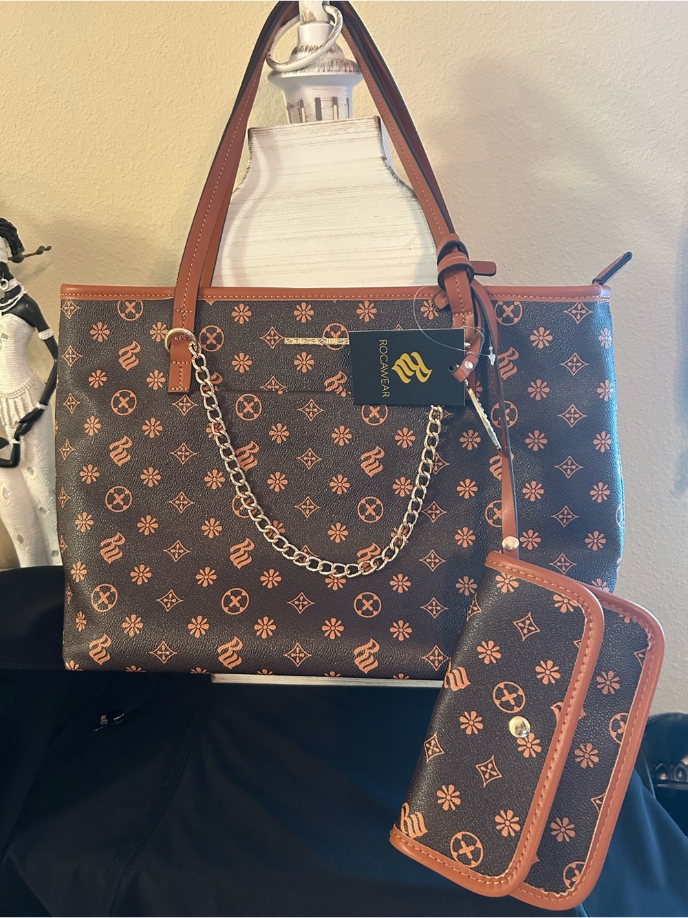 RocaWear Brown Patterned Tote Bag with Matching Wallet